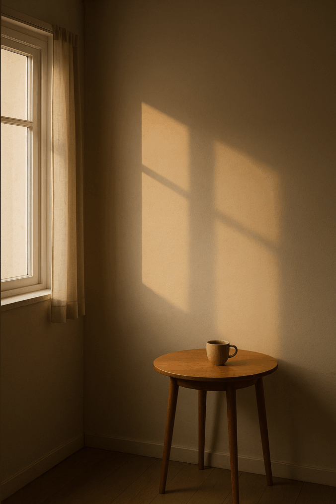 Luz suave entrando pela janela e projetando sombras quentes na parede, com uma mesa simples e uma xícara ao centro — cena minimalista que transmite calma e contemplação.